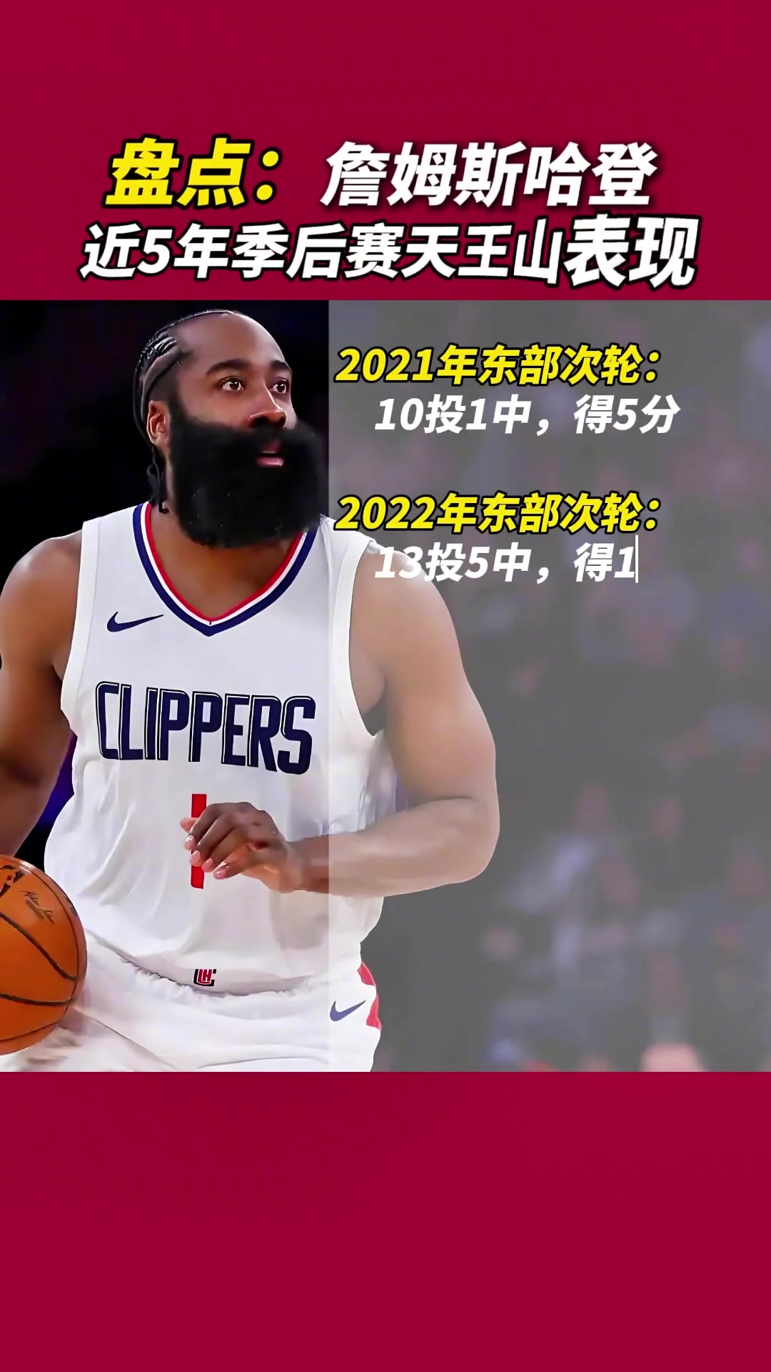 真的是心魔嗎哈登近幾年天王山的表現(xiàn)21年曾10中1僅5分